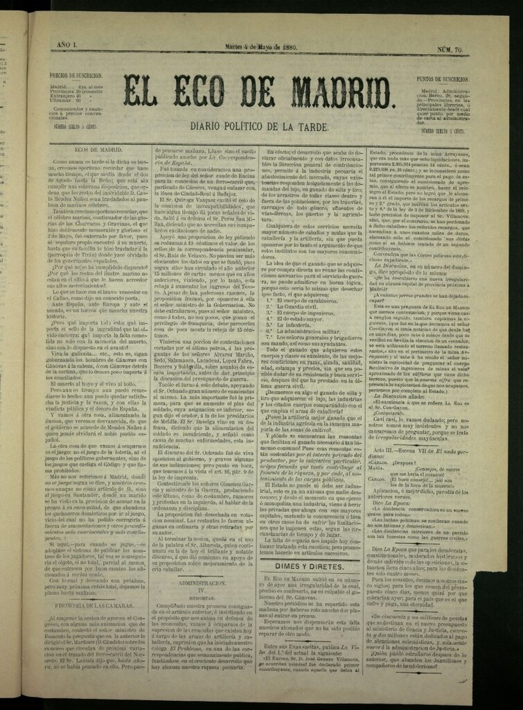 Miniatura de El Eco de Madrid : diario político de la tarde del 4 de mayo de 1880, nº 70