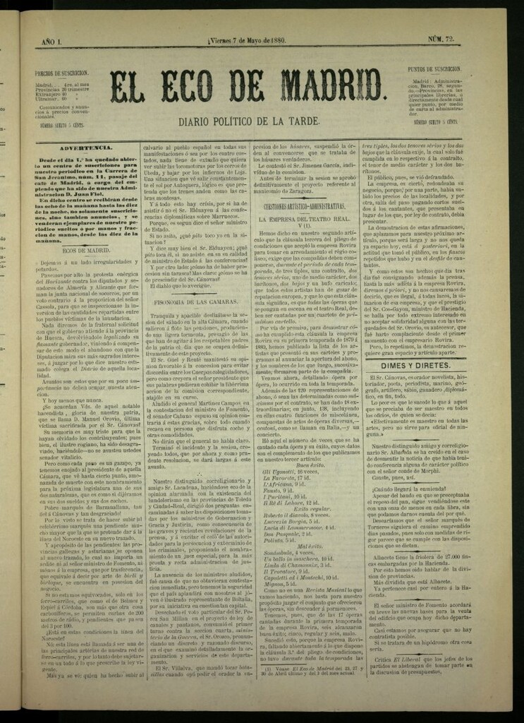 Miniatura de El Eco de Madrid : diario político de la tarde del 7 de mayo de 1880, nº 72