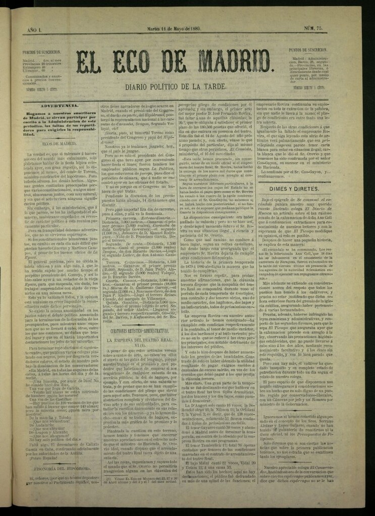 Miniatura de El Eco de Madrid : diario político de la tarde del 11 de mayo de 1880, nº 75