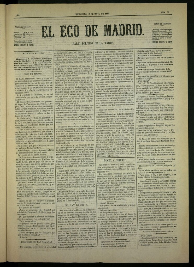 Miniatura de El Eco de Madrid : diario político de la tarde del 12 de mayo de 1880, nº 76