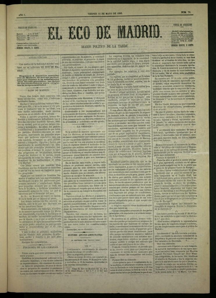 Miniatura de El Eco de Madrid : diario político de la tarde del 14 de mayo de 1880, nº 78