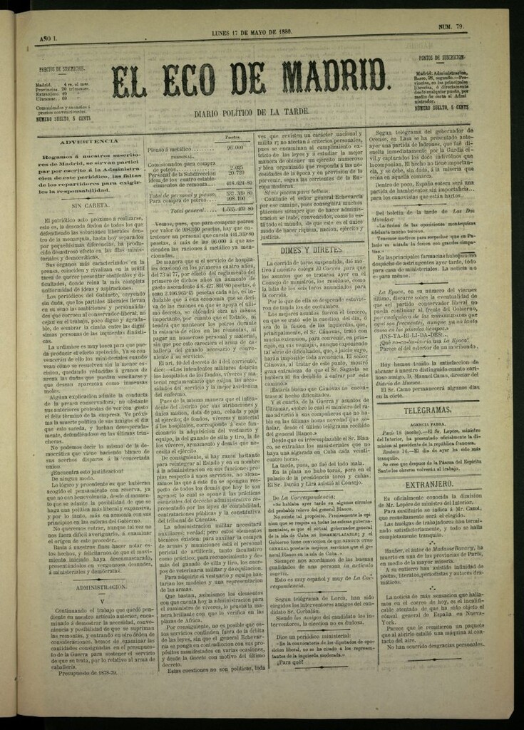 Miniatura de El Eco de Madrid : diario político de la tarde del 17 de mayo de 1880, nº 79