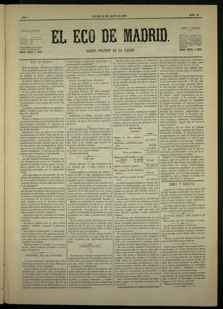 Miniatura de El Eco de Madrid : diario político de la tarde del 22 de mayo de 1880, nº 84