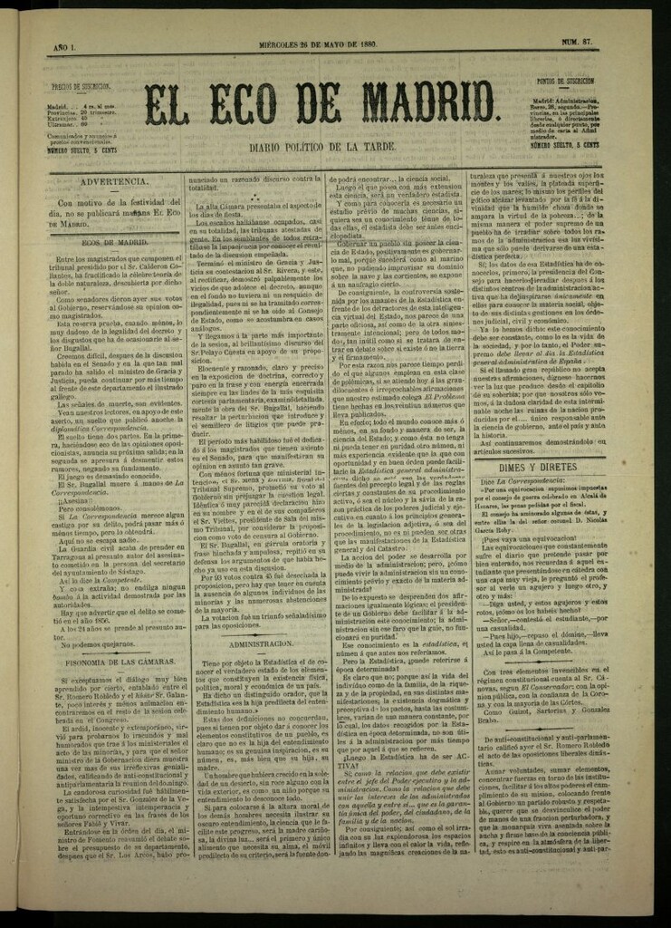 Miniatura de El Eco de Madrid : diario político de la tarde del 26 de mayo de 1880, nº 87