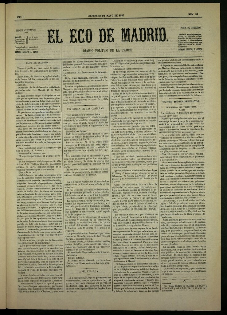 Miniatura de El Eco de Madrid : diario político de la tarde del 28 de mayo de 1880, nº 88