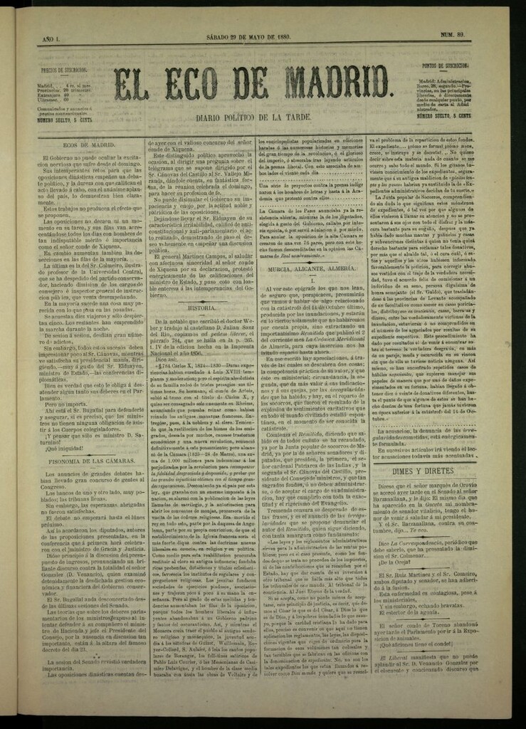 Miniatura de El Eco de Madrid : diario político de la tarde del 29 de mayo de 1880, nº 89