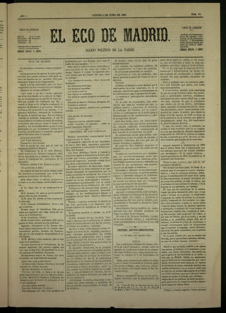 Miniatura de El Eco de Madrid : diario político de la tarde del 4 de junio de 1880, nº 94