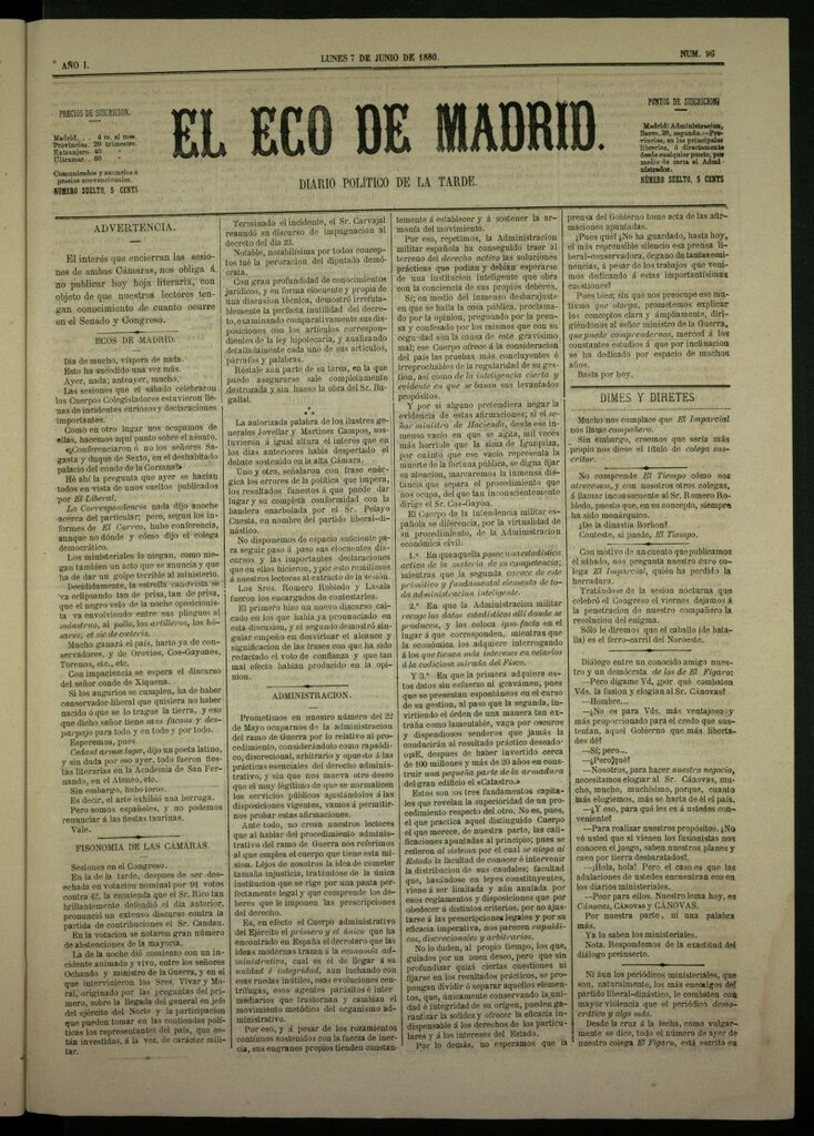 Miniatura de El Eco de Madrid : diario político de la tarde del 7 de junio de 1880, nº 96