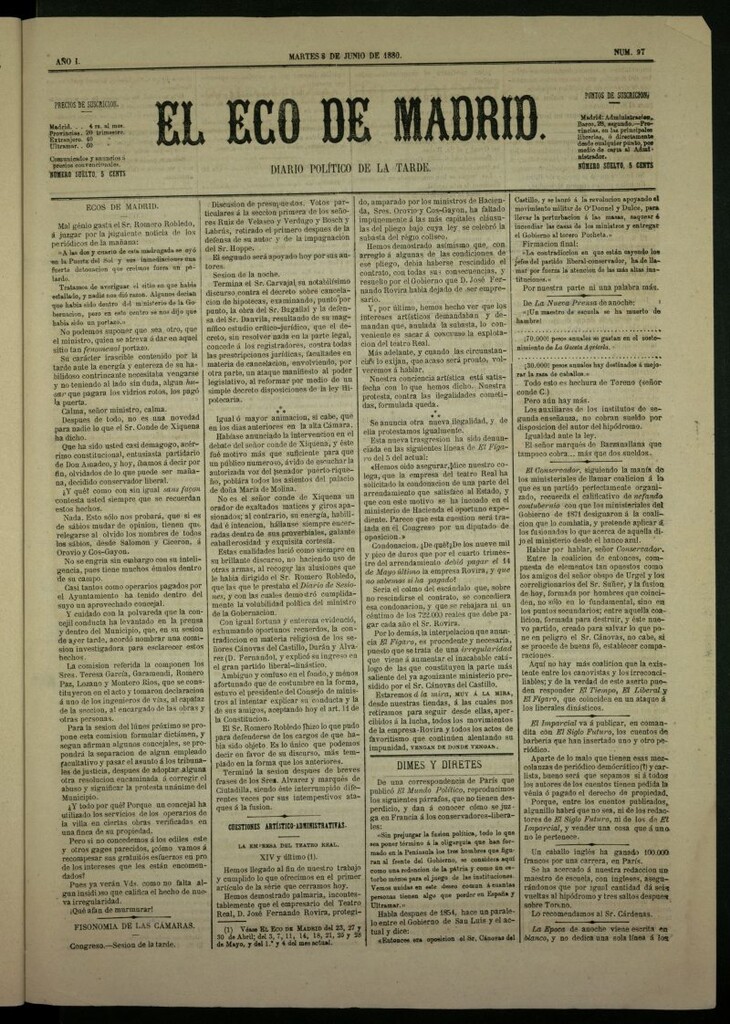 Miniatura de El Eco de Madrid : diario político de la tarde del 8 de junio de 1880, nº 97