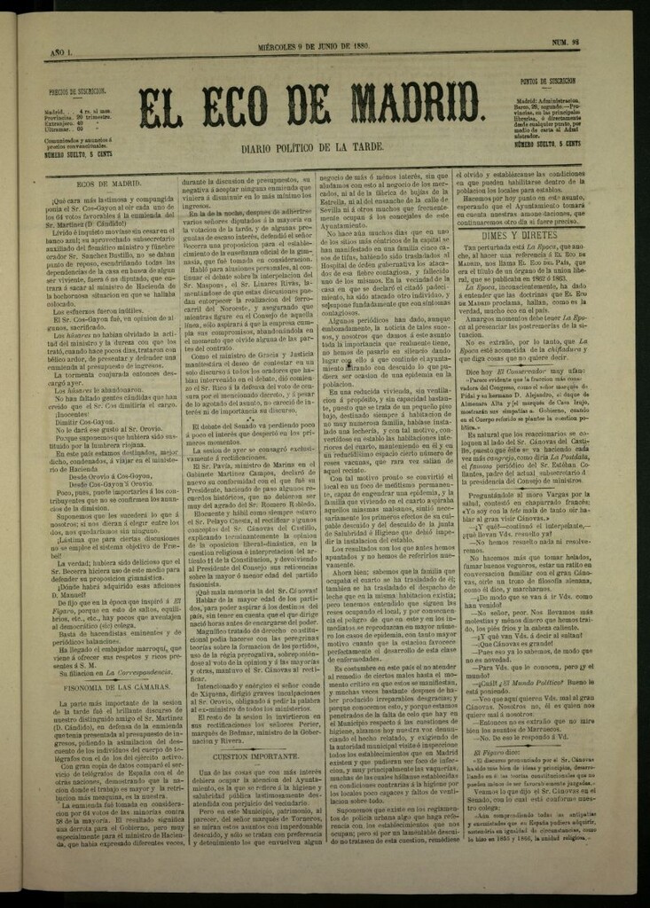 Miniatura de El Eco de Madrid : diario político de la tarde del 9 de junio de 1880, nº 98