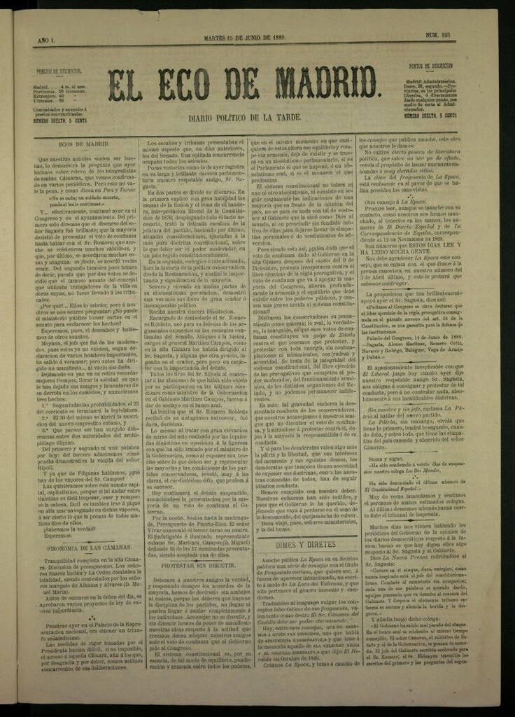 Miniatura de El Eco de Madrid : diario político de la tarde del 15 de junio de 1880, nº 103