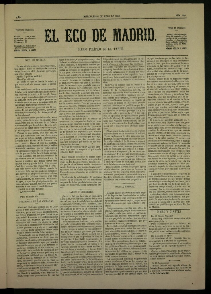 Miniatura de El Eco de Madrid : diario político de la tarde del 16 de junio de 1880, nº 104