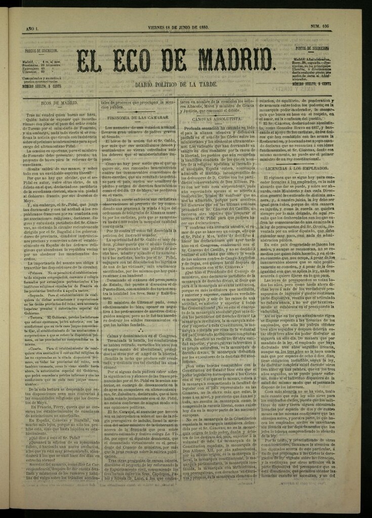 Miniatura de El Eco de Madrid : diario político de la tarde del 18 de junio de 1880, nº 106