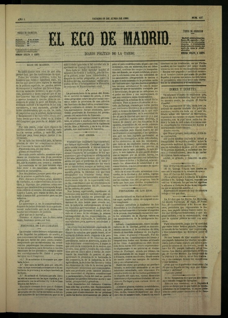 Miniatura de El Eco de Madrid : diario político de la tarde del 19 de junio de 1880, nº 107