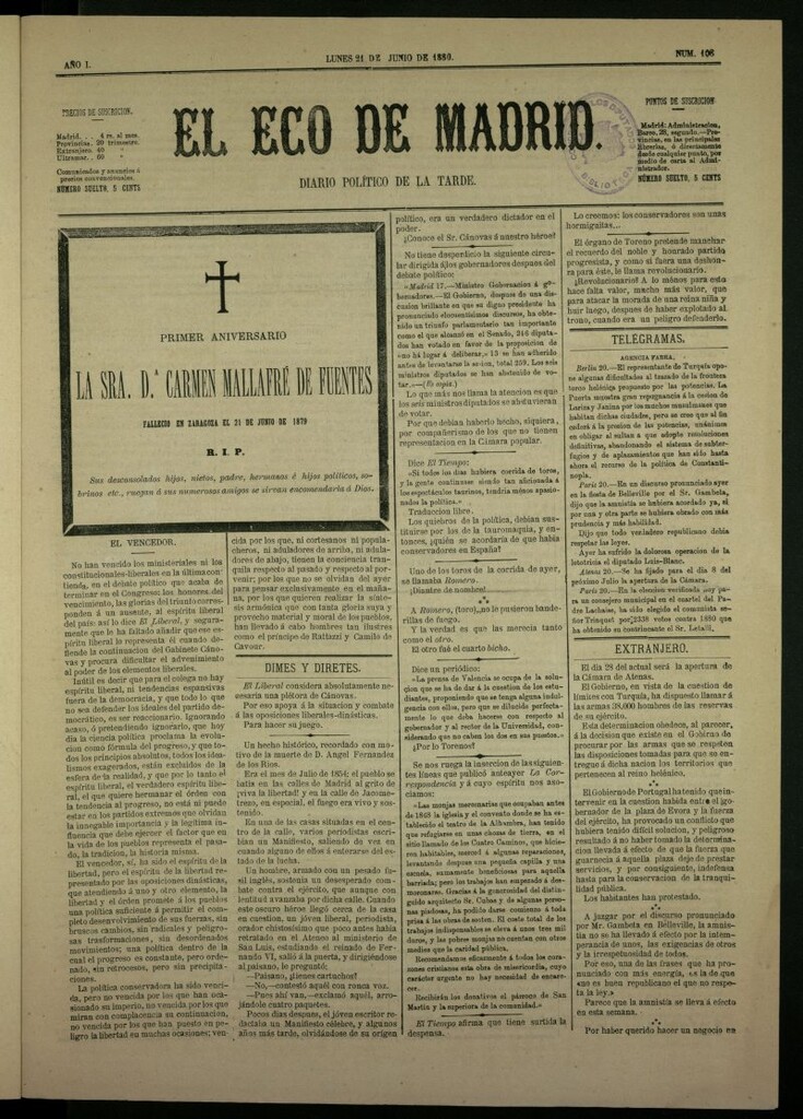 Miniatura de El Eco de Madrid : diario político de la tarde del 21 de junio de 1880, nº 108