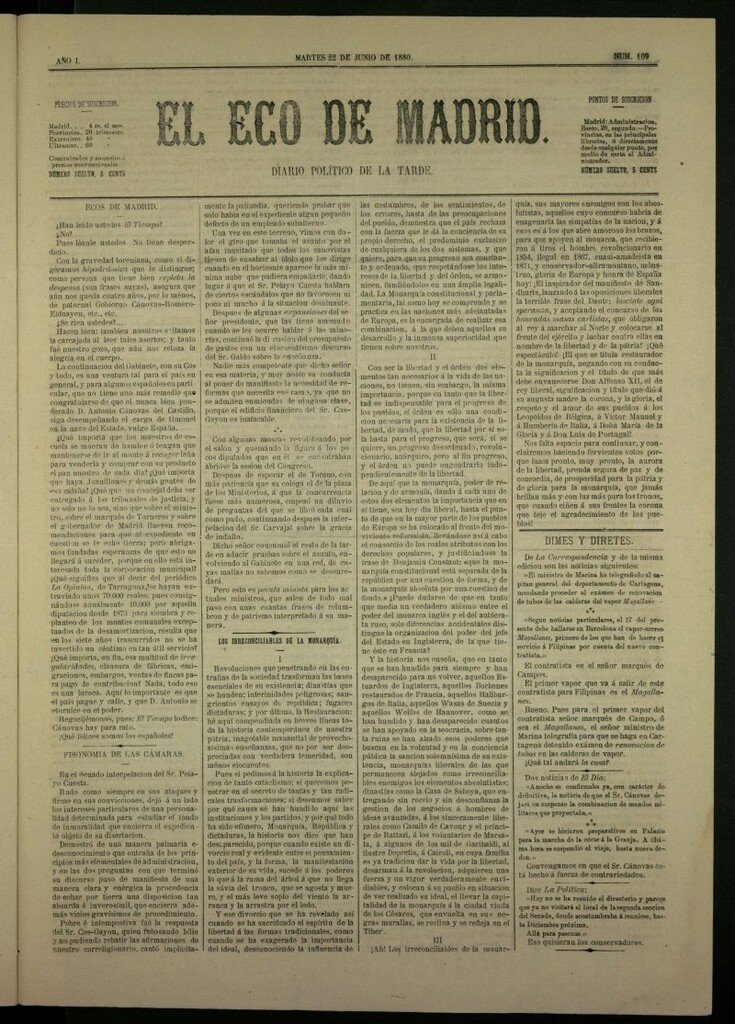 Miniatura de El Eco de Madrid : diario político de la tarde del 22 de junio de 1880, nº 109