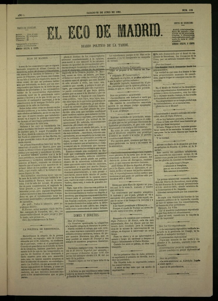 Miniatura de El Eco de Madrid : diario político de la tarde del 26 de junio de 1880, nº 113
