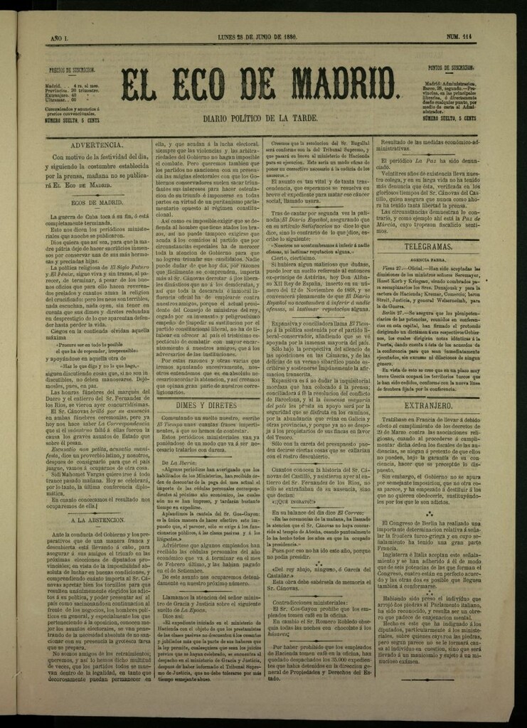 Miniatura de El Eco de Madrid : diario político de la tarde del 28 de junio de 1880, nº 114