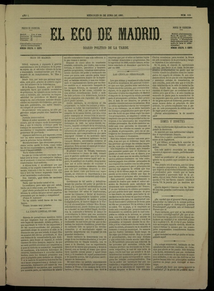 Miniatura de El Eco de Madrid : diario político de la tarde del 30 de junio de 1880, nº 115