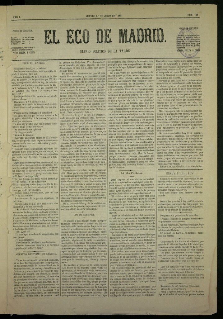 Miniatura de El Eco de Madrid : diario político de la tarde del 1 de julio de 1880, nº 116