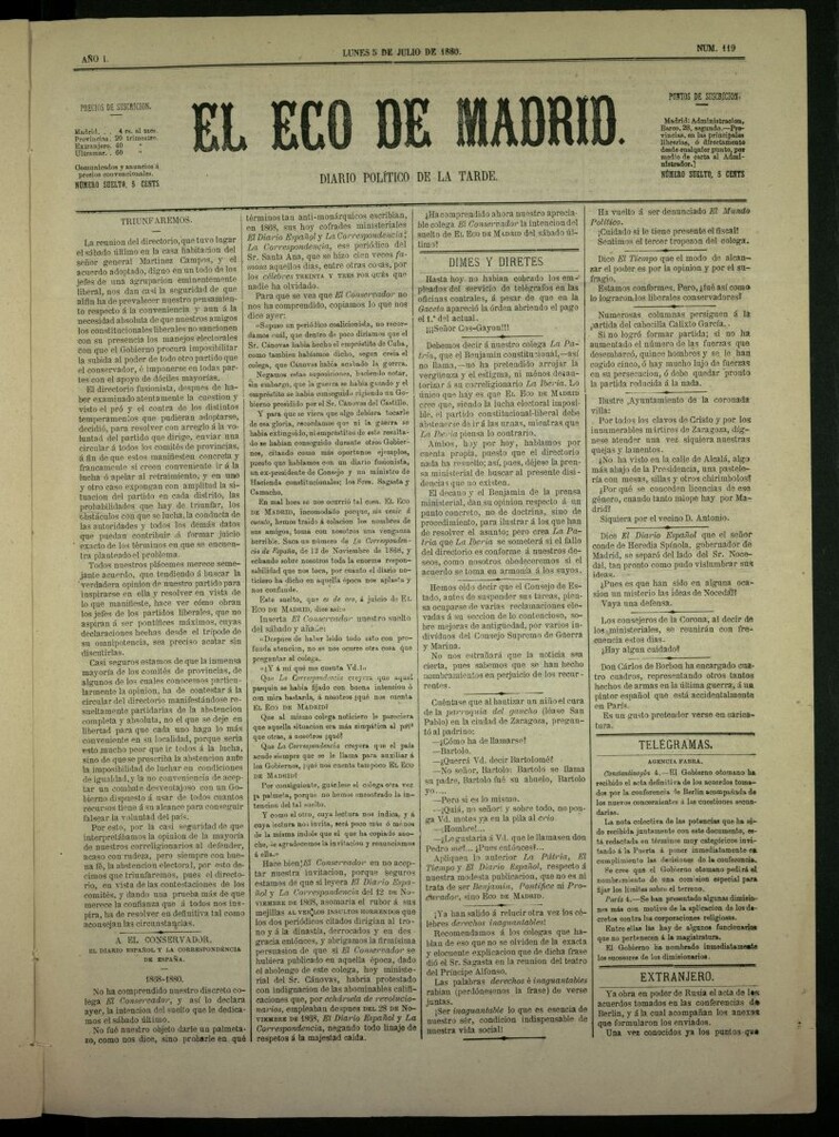 Miniatura de El Eco de Madrid : diario político de la tarde del 5 de julio de 1880, nº 119