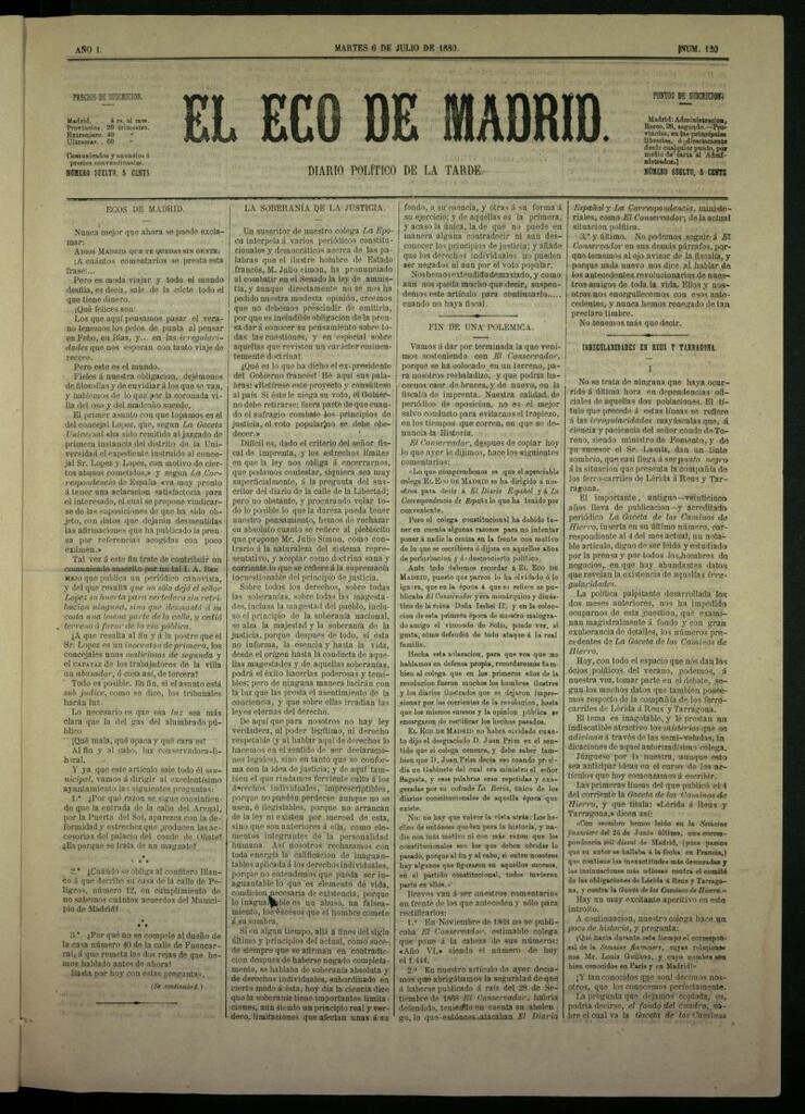 Miniatura de El Eco de Madrid : diario político de la tarde del 6 de julio de 1880, nº 120