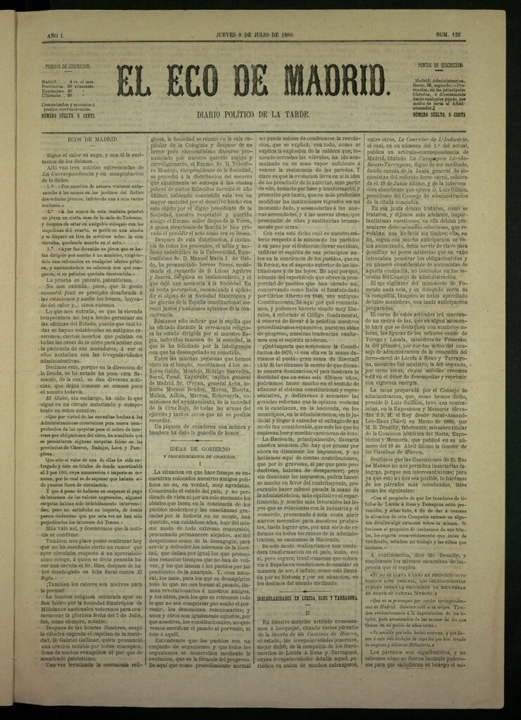 Miniatura de El Eco de Madrid : diario político de la tarde del 8 de julio de 1880, nº 122