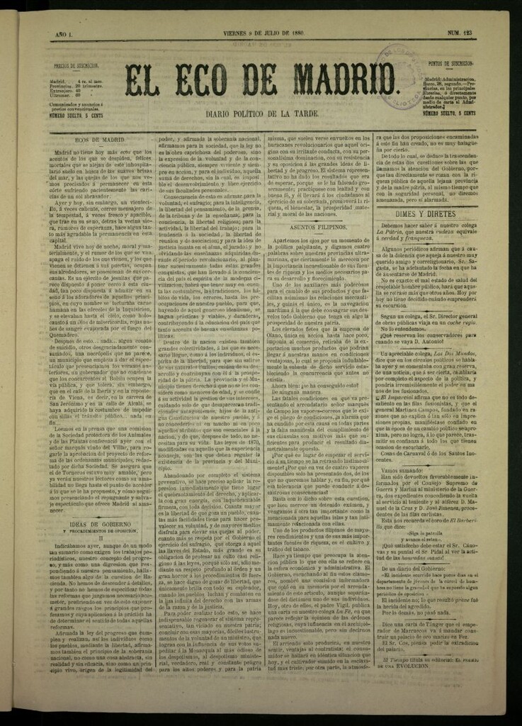 Miniatura de El Eco de Madrid : diario político de la tarde del 9 de julio de 1880, nº 123