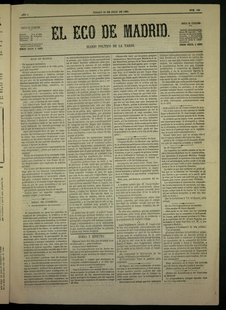 Miniatura de El Eco de Madrid : diario político de la tarde del 10 de julio de 1880, nº 124