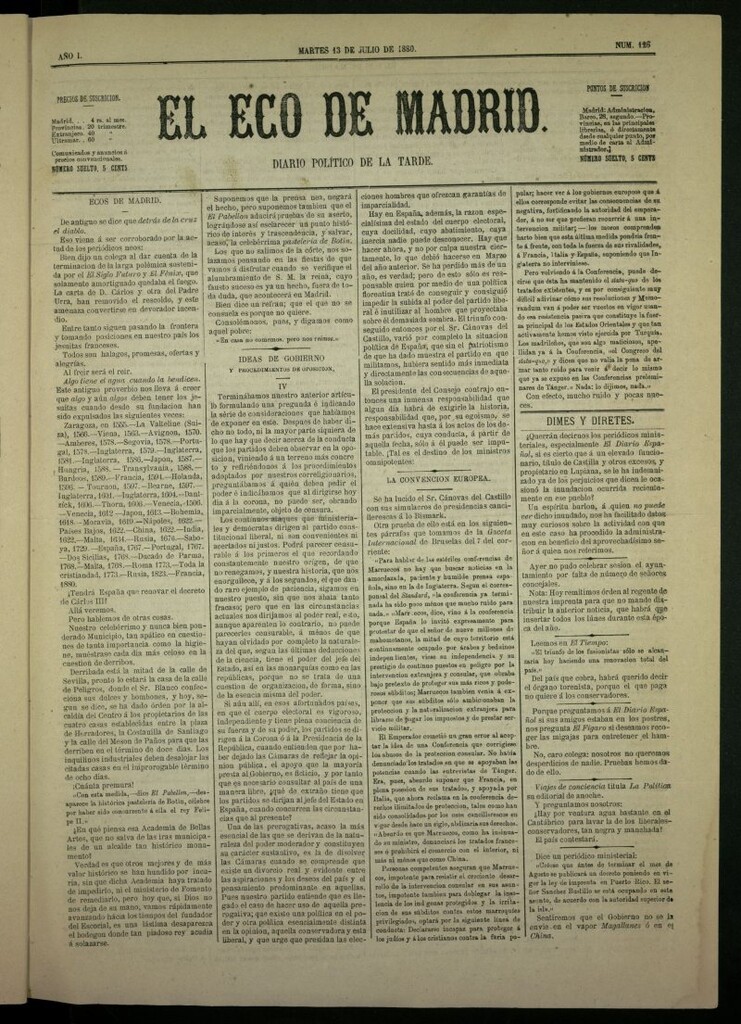 Miniatura de El Eco de Madrid : diario político de la tarde del 13 de julio de 1880, nº 126