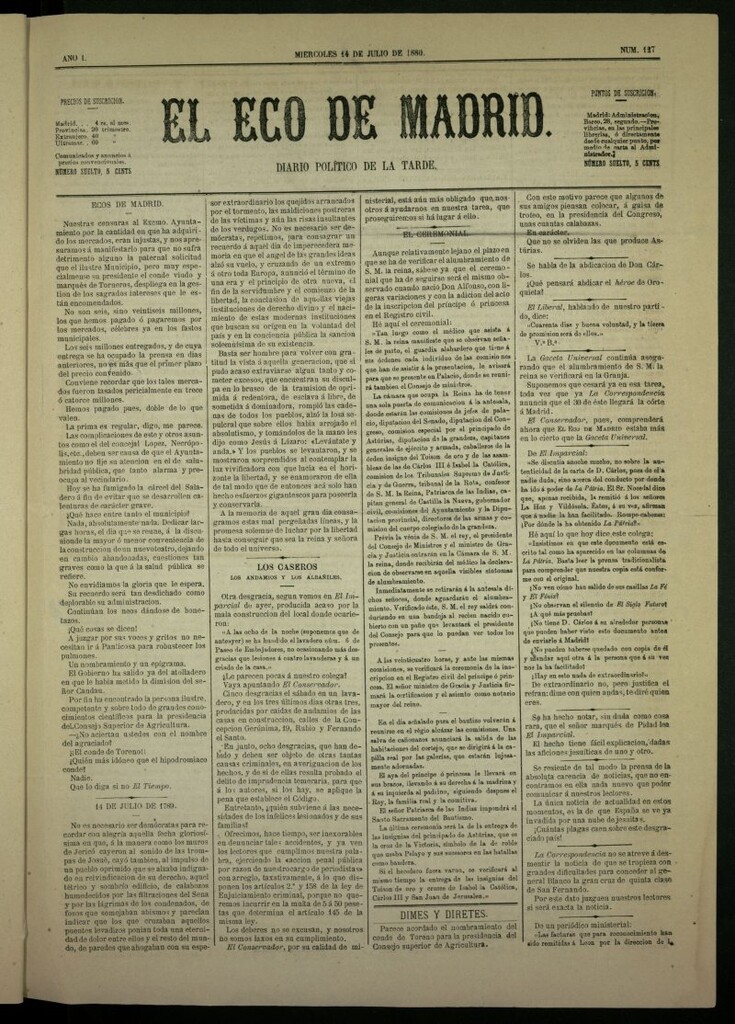 Miniatura de El Eco de Madrid : diario político de la tarde del 14 de julio de 1880, nº 127
