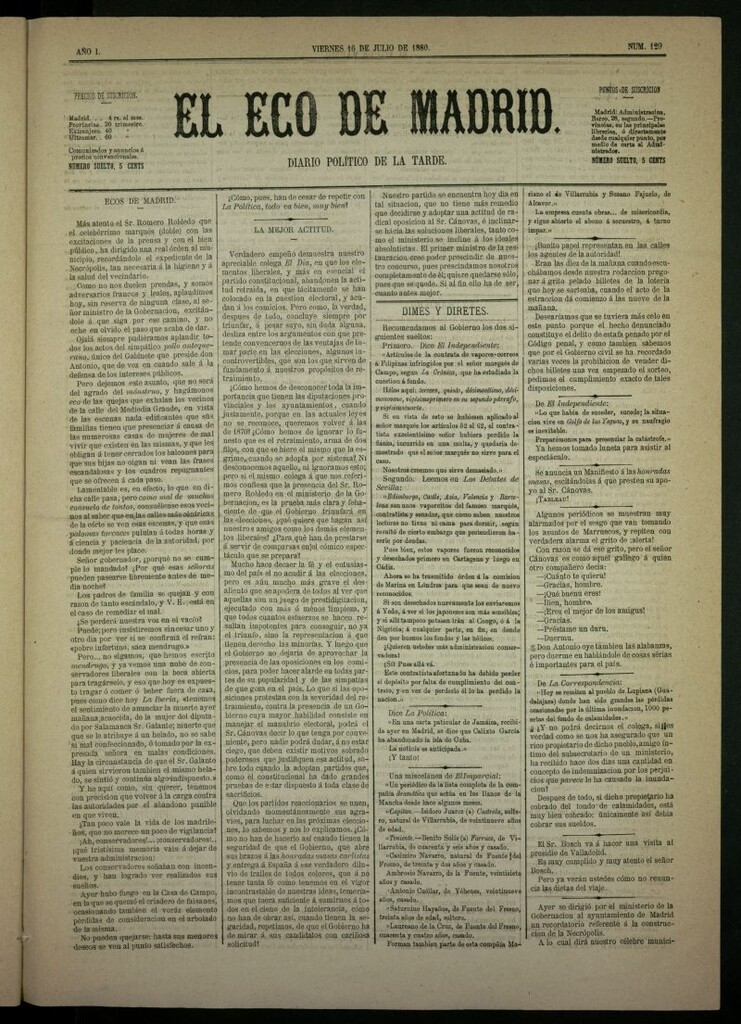 Miniatura de El Eco de Madrid : diario político de la tarde del 16 de julio de 1880, nº 129