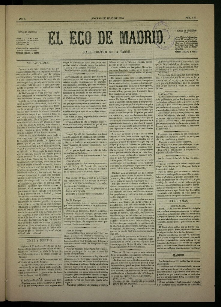 Miniatura de El Eco de Madrid : diario político de la tarde del 19 de julio de 1880, nº 131