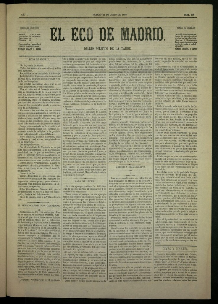 Miniatura de El Eco de Madrid : diario político de la tarde del 24 de julio de 1880, nº 136