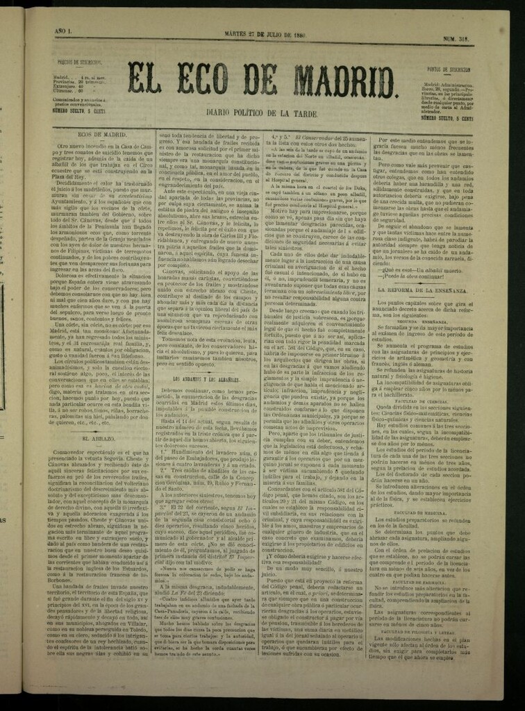 Miniatura de El Eco de Madrid : diario político de la tarde del 27 de julio de 1880, nº 138