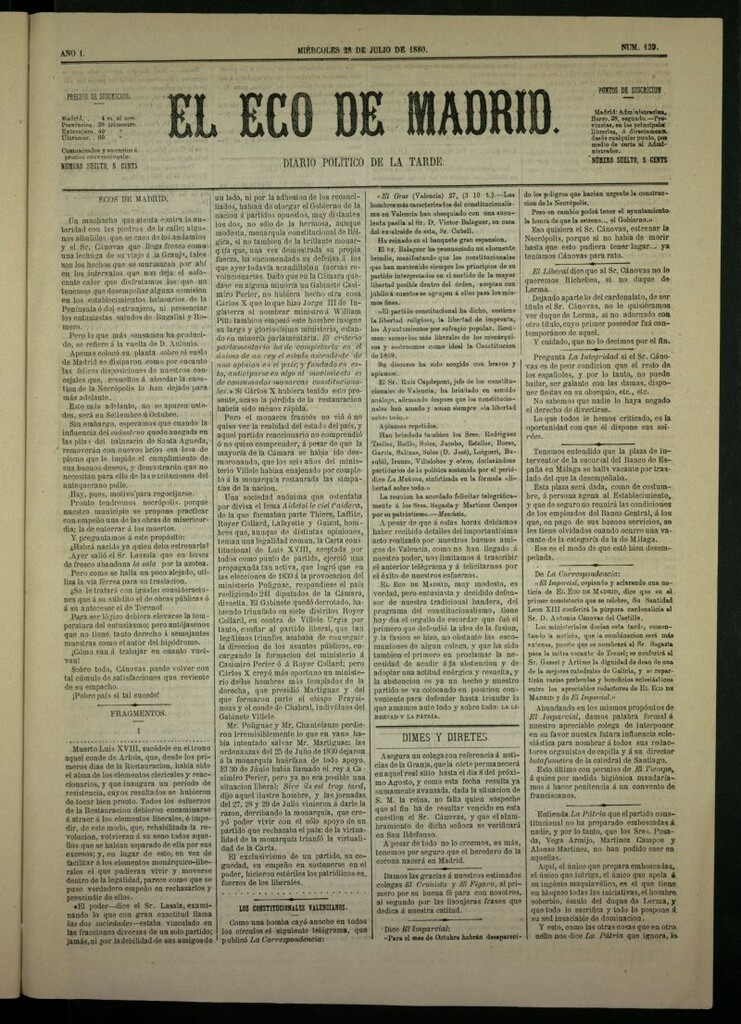 Miniatura de El Eco de Madrid : diario político de la tarde del 28 de julio de 1880, nº 139