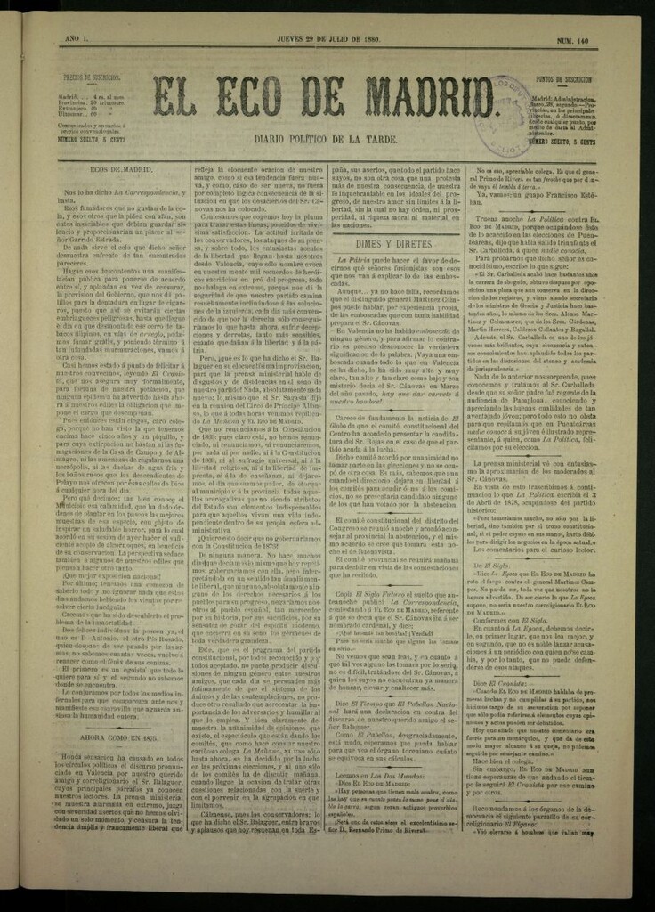 Miniatura de El Eco de Madrid : diario político de la tarde del 29 de julio de 1880, nº 140