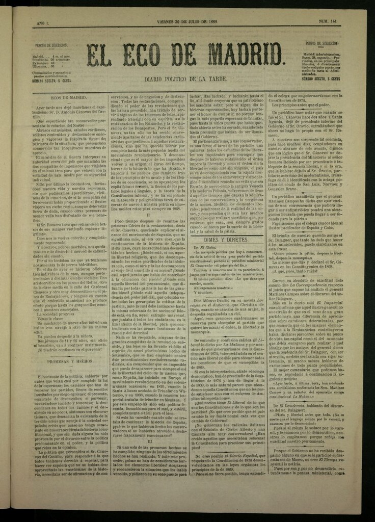 Miniatura de El Eco de Madrid : diario político de la tarde del 30 de julio de 1880, nº 141