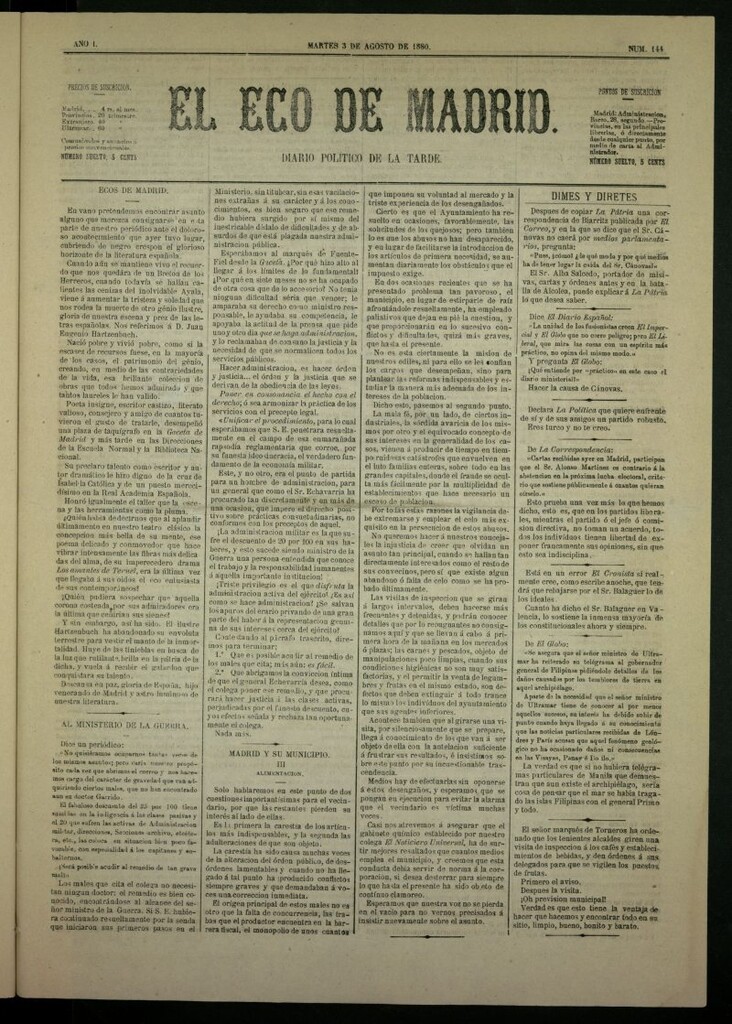 Miniatura de El Eco de Madrid : diario político de la tarde del 3 de agosto de 1880, nº 144