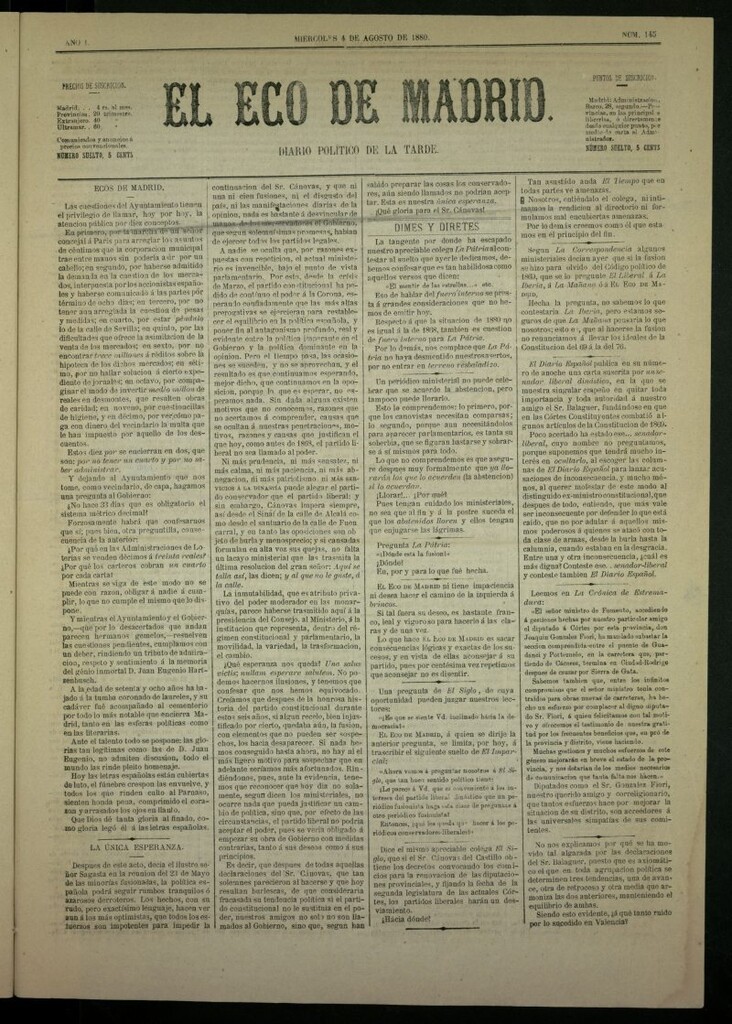 Miniatura de El Eco de Madrid : diario político de la tarde del 4 de agosto de 1880, nº 145