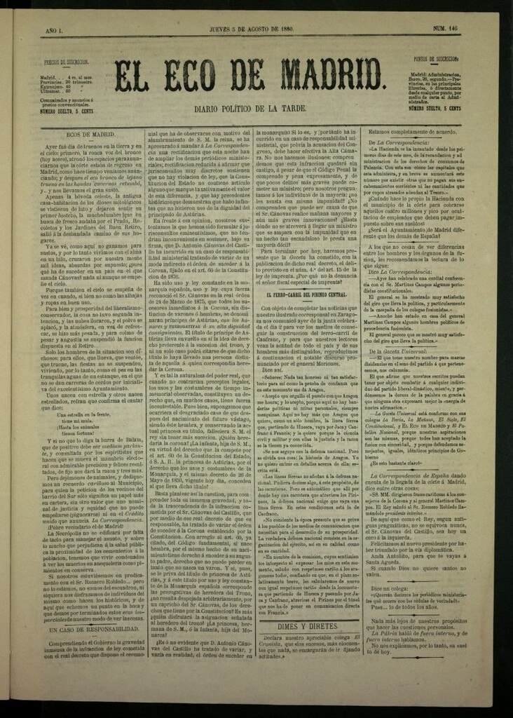 Miniatura de El Eco de Madrid : diario político de la tarde del 5 de agosto de 1880, nº 146