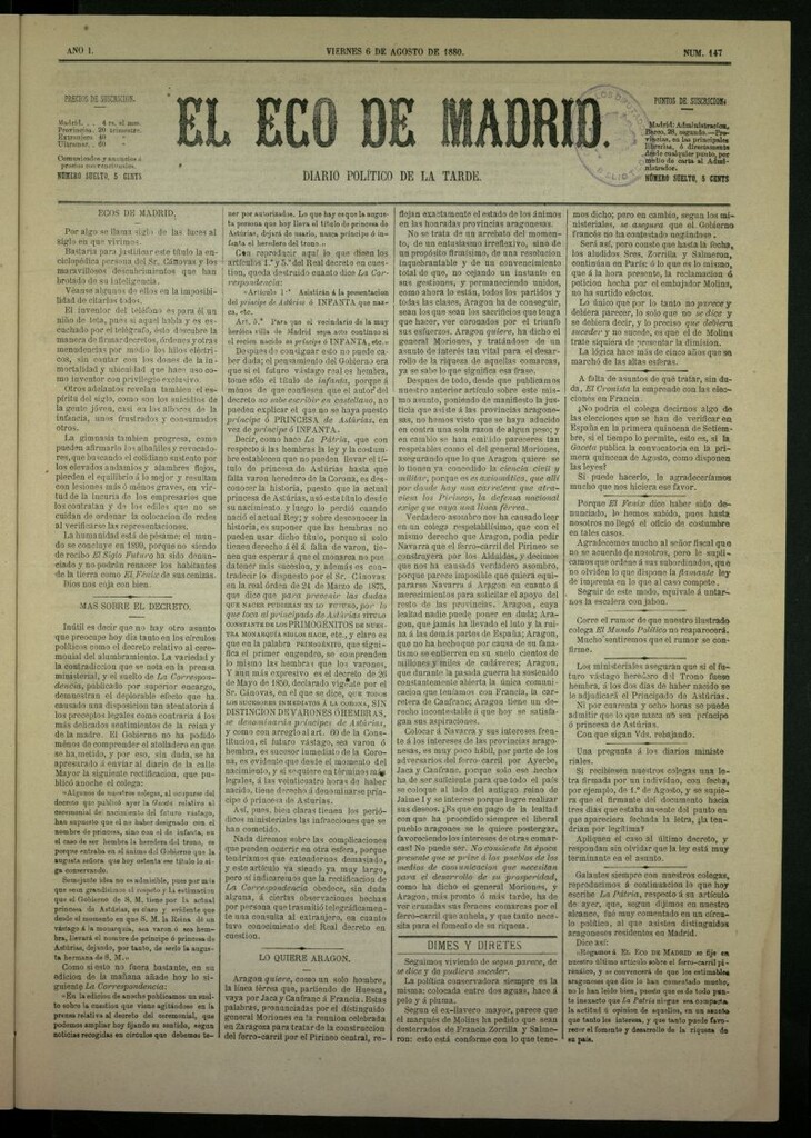 Miniatura de El Eco de Madrid : diario político de la tarde del 6 de agosto de 1880, nº 147