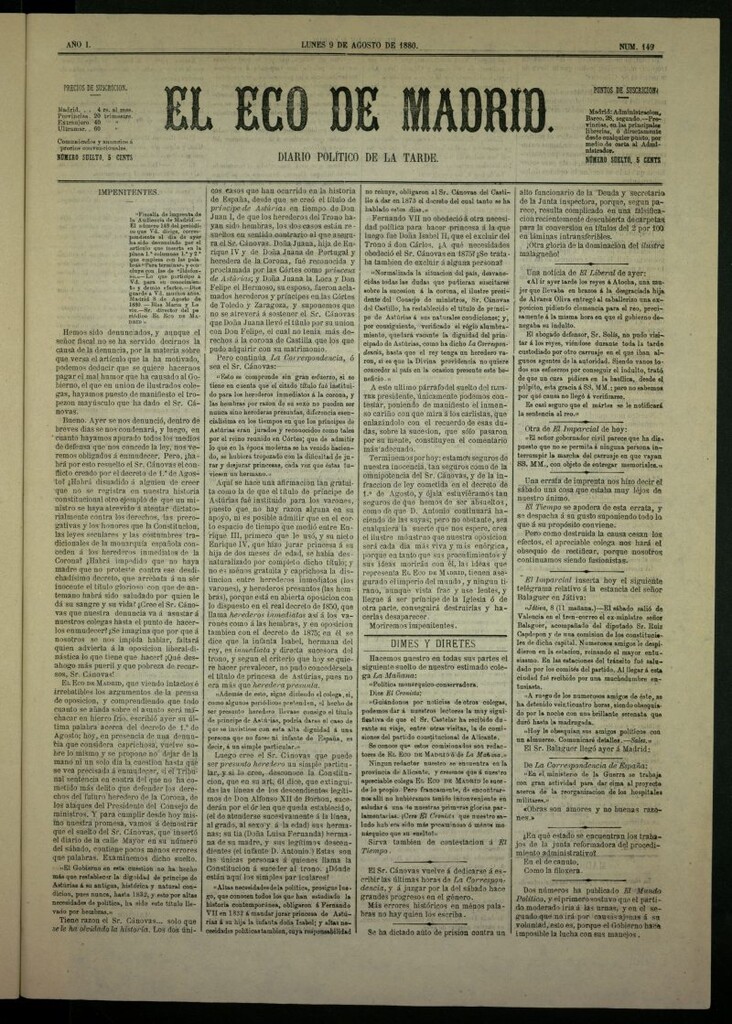 Miniatura de El Eco de Madrid : diario político de la tarde del 9 de agosto de 1880, nº 149
