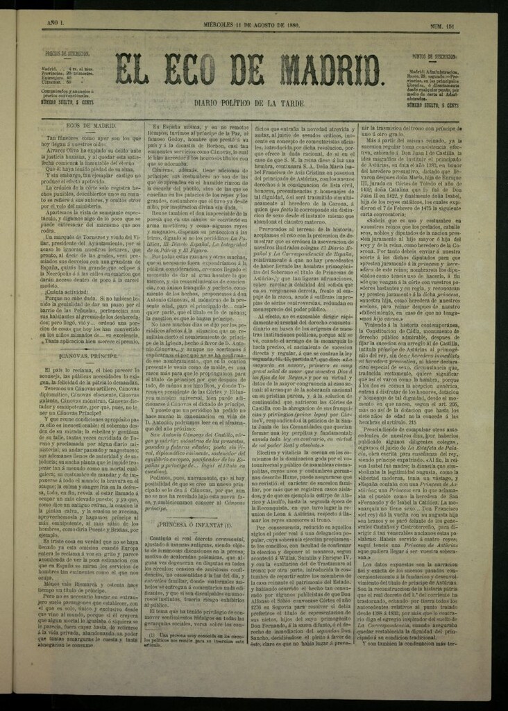 Miniatura de El Eco de Madrid : diario político de la tarde del 11 de agosto de 1880, nº 151