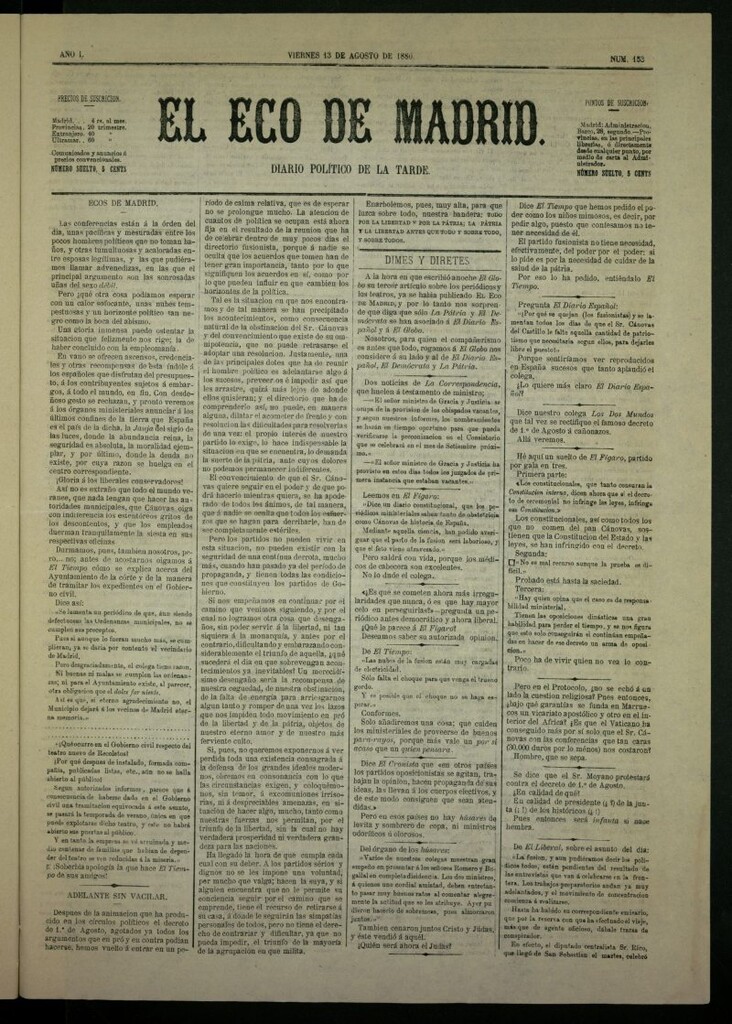Miniatura de El Eco de Madrid : diario político de la tarde del 13 de agosto de 1880, nº 153