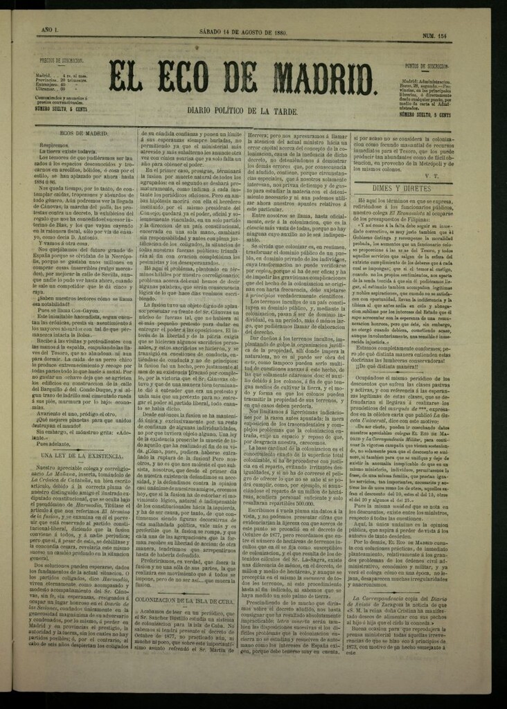 Miniatura de El Eco de Madrid : diario político de la tarde del 14 de agosto de 1880, nº 154