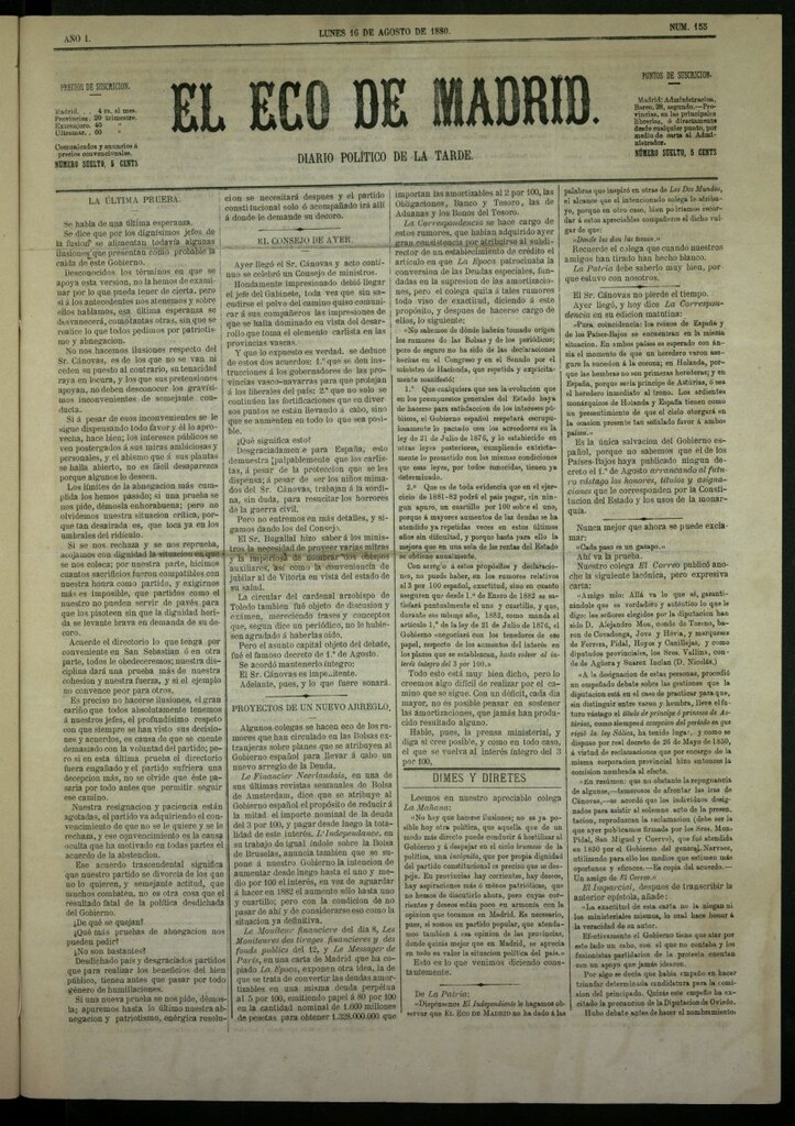 Miniatura de El Eco de Madrid : diario político de la tarde del 16 de agosto de 1880, nº 155