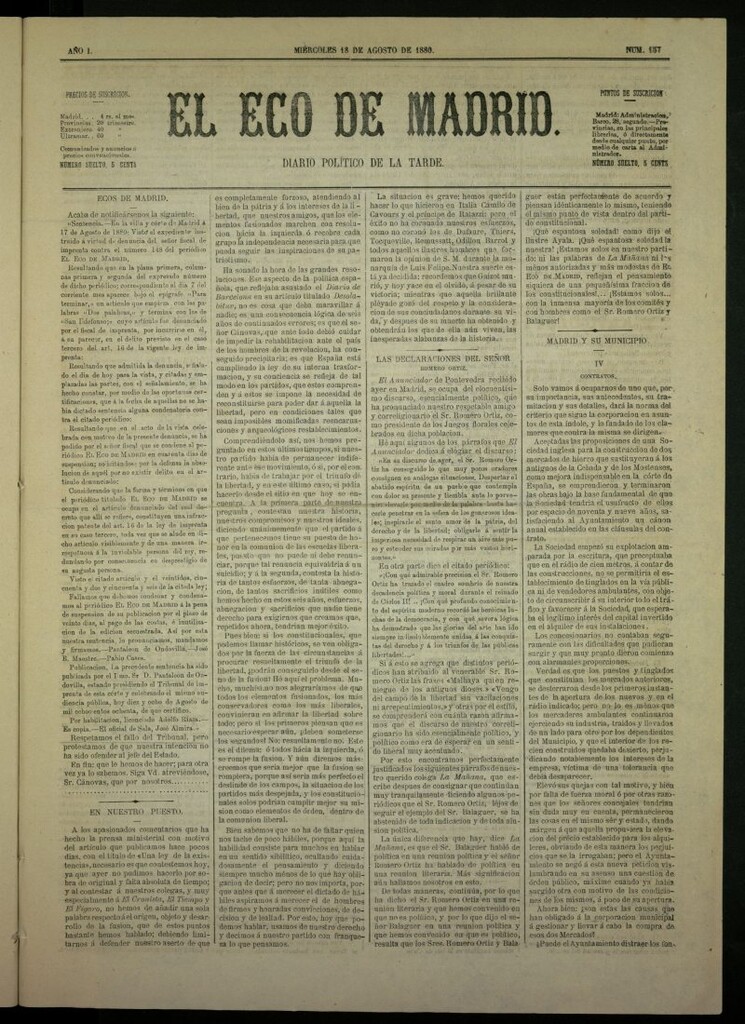 Miniatura de El Eco de Madrid : diario político de la tarde del 18 de agosto de 1880, nº 157