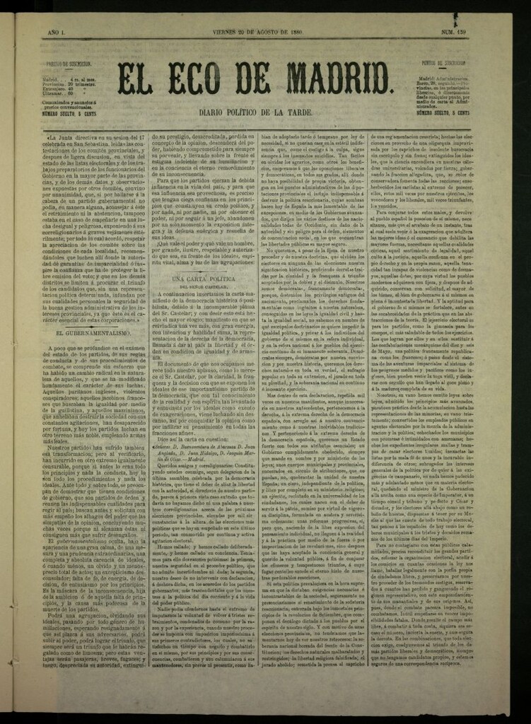 Miniatura de El Eco de Madrid : diario político de la tarde del 20 de agosto de 1880, nº 159
