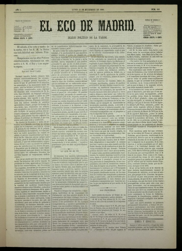 Miniatura de El Eco de Madrid : diario político de la tarde del 13 de septiembre de 1880, nº 161[sic]